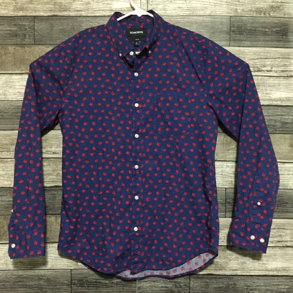 Bonobos slim fit floral button down shirt men’s M blue red 100% cotton - Picture 4 of 9